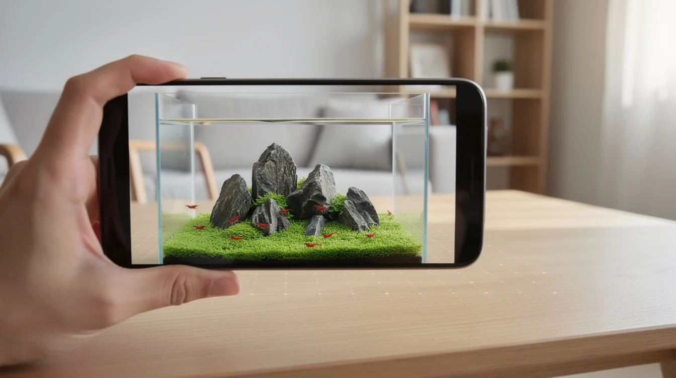 AR-Vorschau: Smartphone zeigt ein Aquascape per Augmented Reality auf einem Wohnzimmertisch
