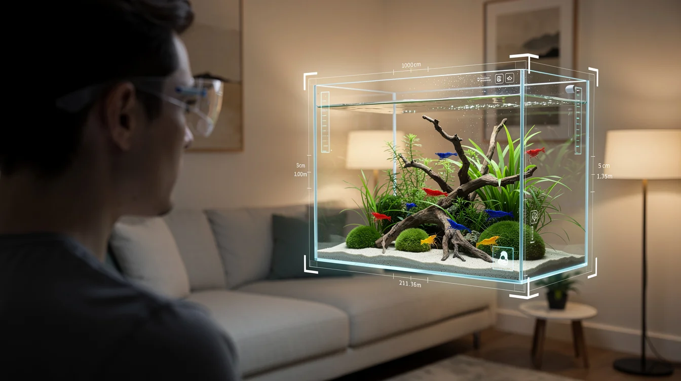Zukunft der AR-Aquaristik: Holografisches Aquarium in einem modernen Wohnzimmer