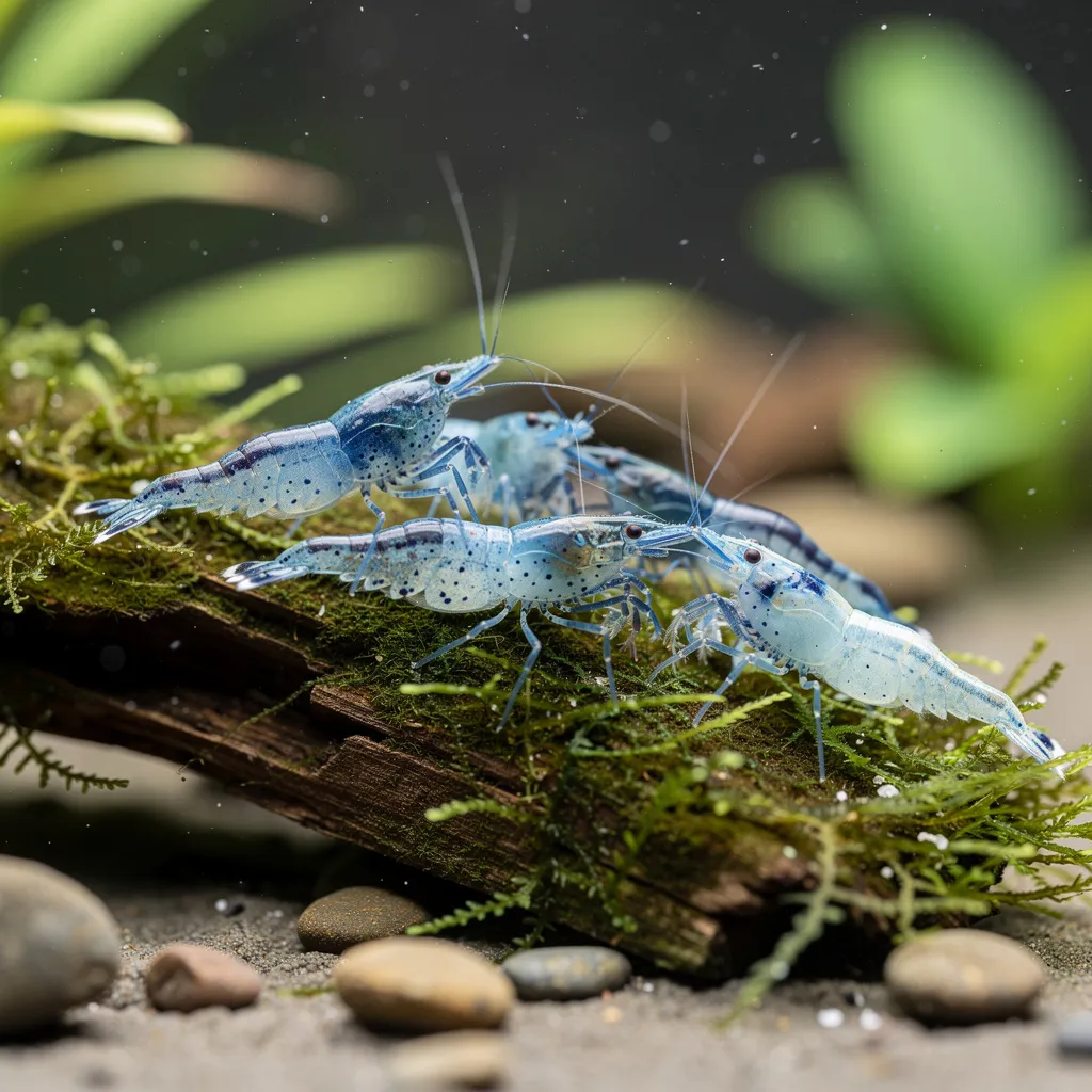 Gruppe Aura Blue Tiger Garnelen beim Abweiden von Moos — eisblaue Körperfarbe mit Tüpfeln
