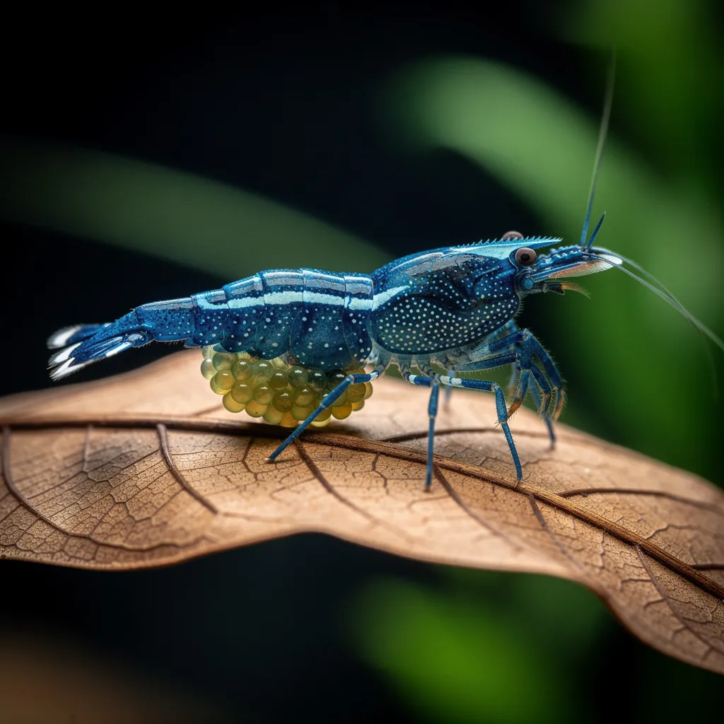 Aura Blue Tiger Weibchen mit intensiver Blaufärbung und sichtbaren Eiern am Bauch