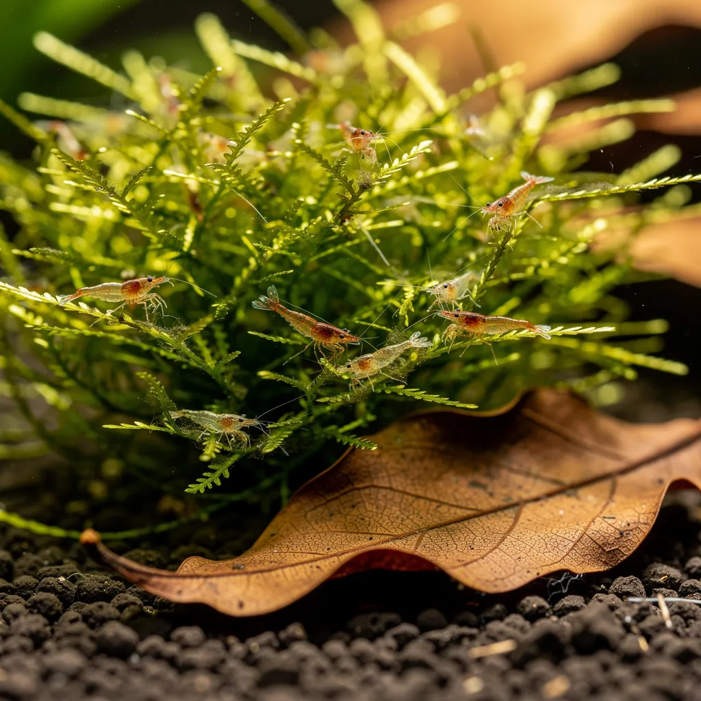 Javamoos als Kinderstube: Winzige Babygarnelen grasen sicher zwischen den Moosfäden im Aufzuchtbecken