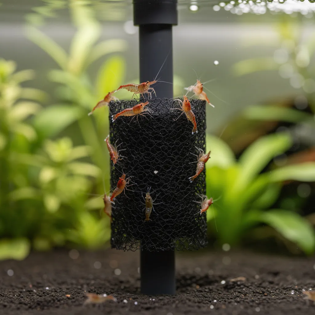 Vorfilter-Schwamm am Filtereinlass schuetzt Babygarnelen und dient gleichzeitig als Nahrungsquelle