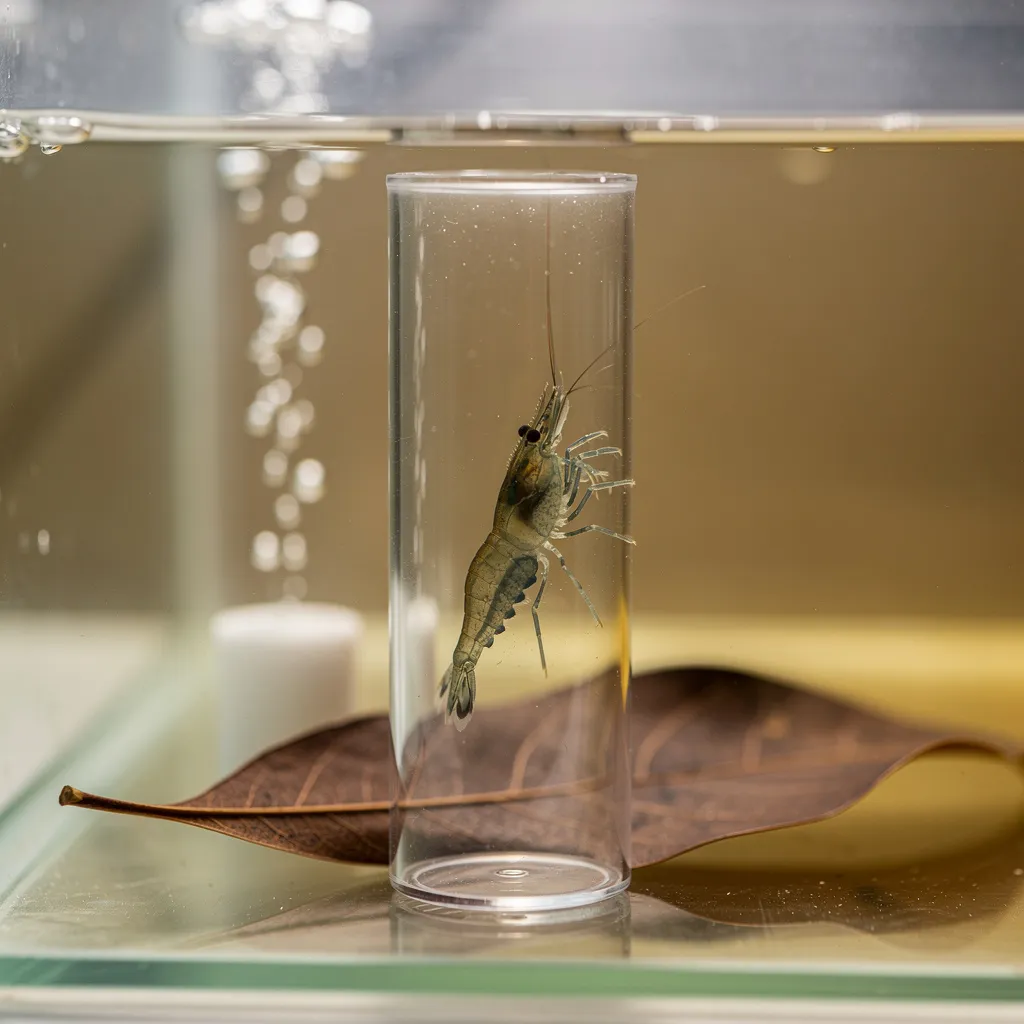 Quarantänebecken mit Seemandelbaumblatt und Luftstein zur Behandlung bakterieller Infektionen bei Garnelen