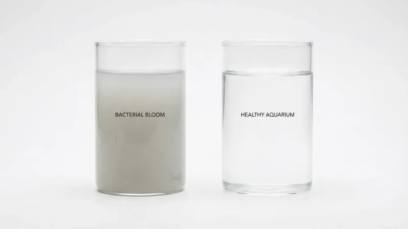 Vergleich: Milchiges Wasser durch Bakterienblüte vs. klares gesundes Aquarienwasser