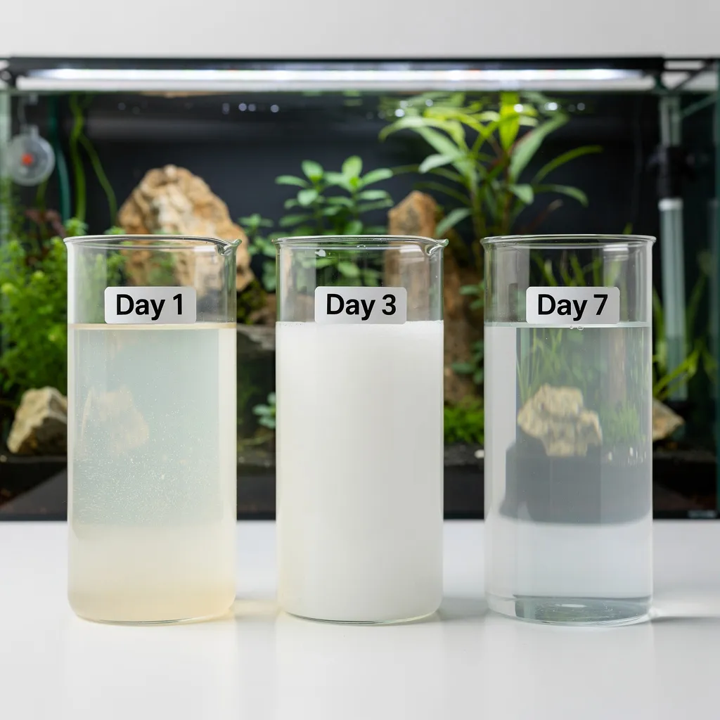 Zeitlicher Verlauf einer Bakterienblüte: Tag 1 leicht trüb bis Tag 7 klar