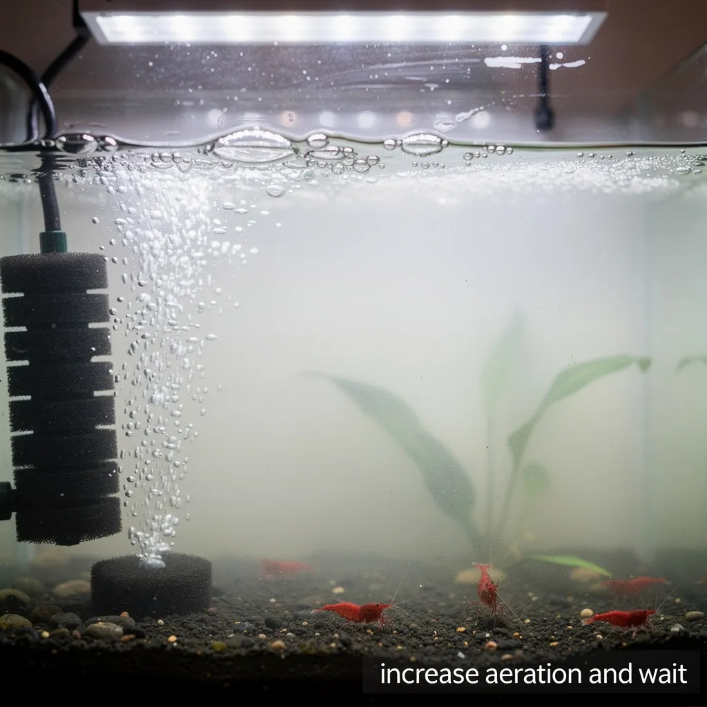 Garnelenbecken während einer Bakterienblüte mit laufendem Sprudelstein