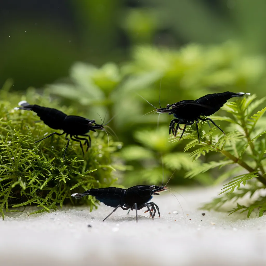 Black Sakura Garnelen auf hellem Bodengrund — samtig schwarze Körper kontrastieren mit Grün