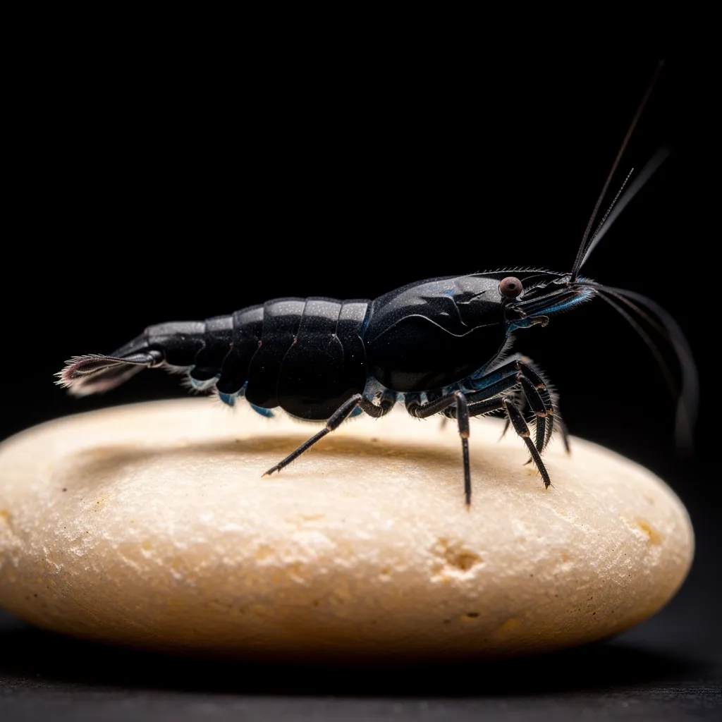 Black Sakura Garnele in Nahaufnahme — tiefsamtiges Schwarz ohne braune oder graue Stellen