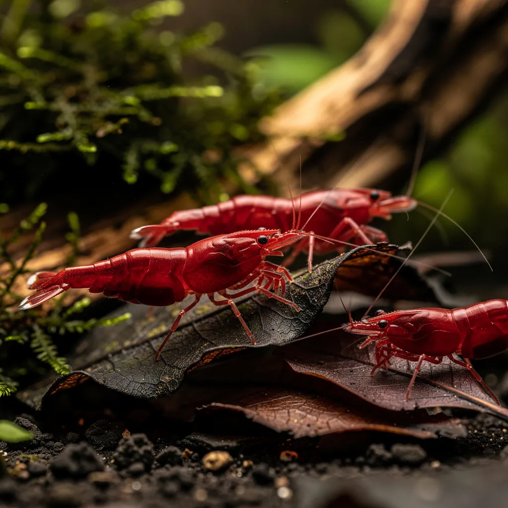 Bloody Mary Garnelen mit von innen leuchtendem Blutrot auf dunklem Holz und Moos