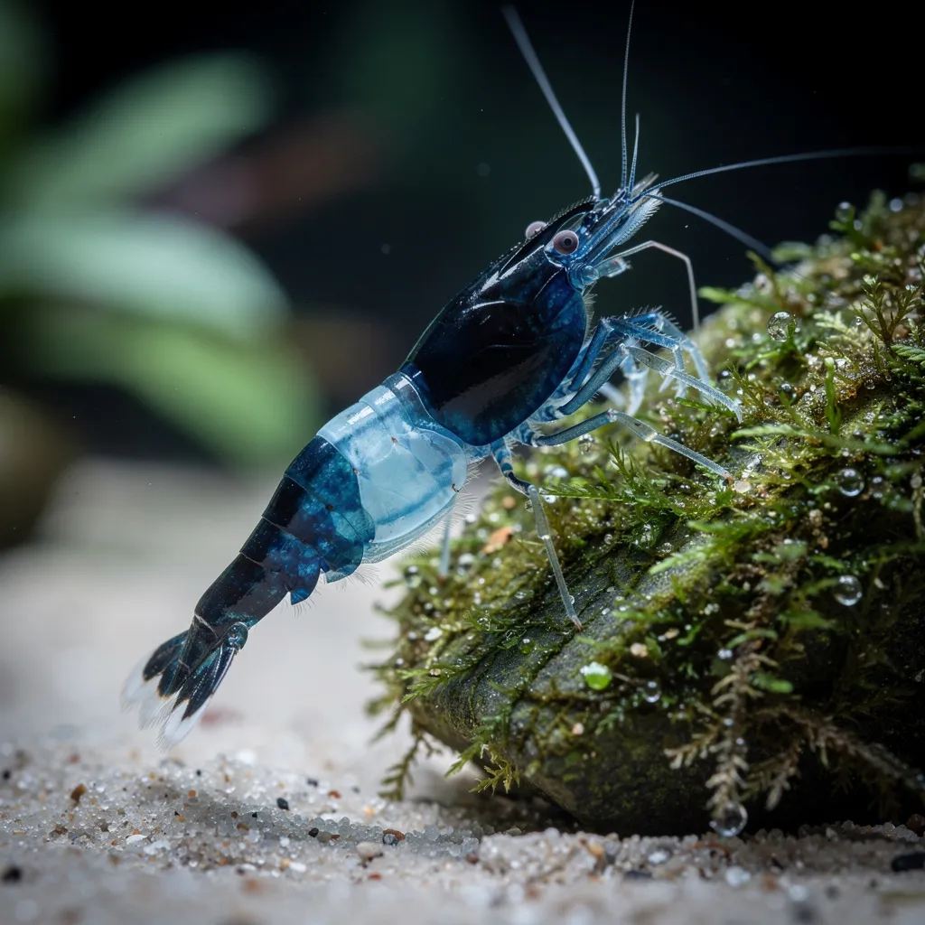 Blue Carbon Rili Garnele mit dunkelblauen Enden und hellblau schimmernder transparenter Mitte