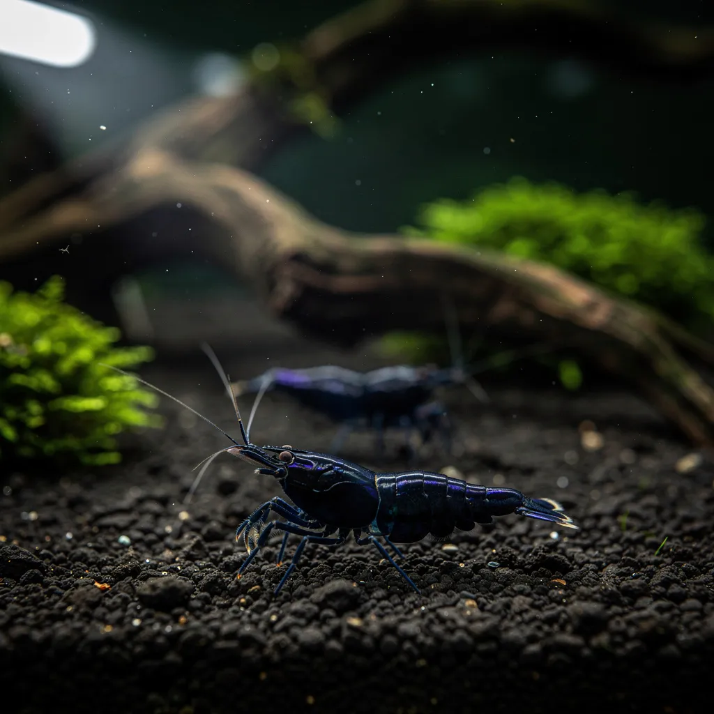 Blue Diamond Garnelen in dunklem Setup — ultratiefes Saphirblau erscheint fast schwarz