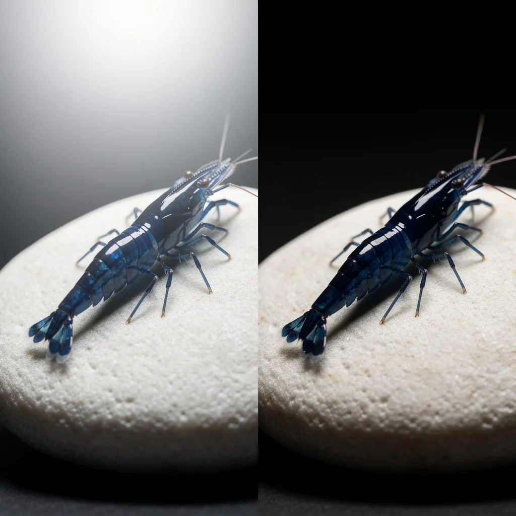 Blue Diamond Garnele auf hellem Stein unter direktem Licht — tiefes Saphirblau wird sichtbar