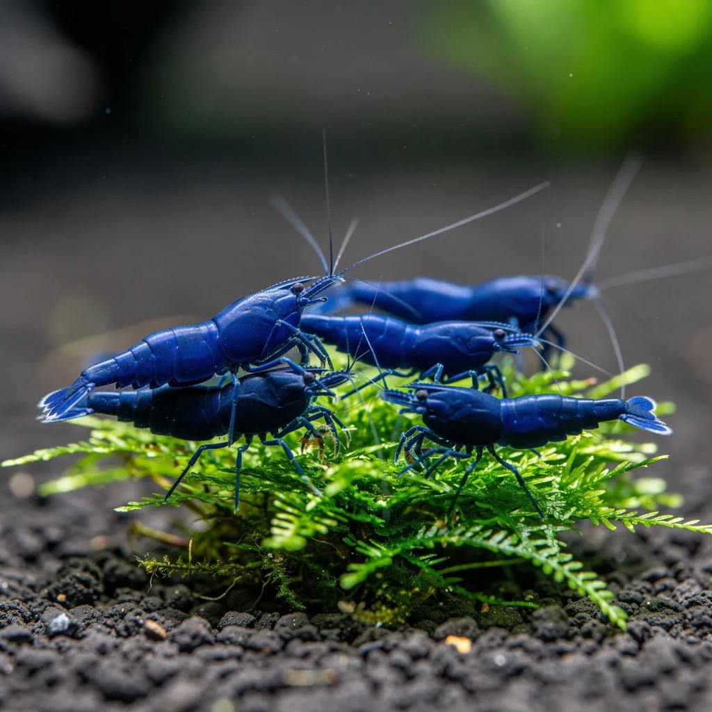 Blue Dream Garnelen mit sattem Dunkelblau auf grünem Moos im Aquarium — königsblau deckend