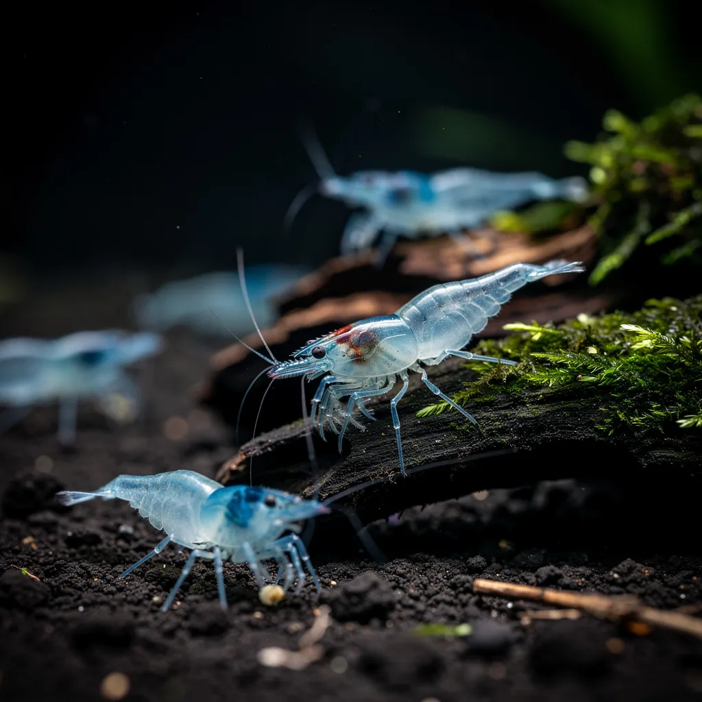 Blue Jelly Garnelen mit zart blau-transparentem Körper bei gedämpfter Beleuchtung