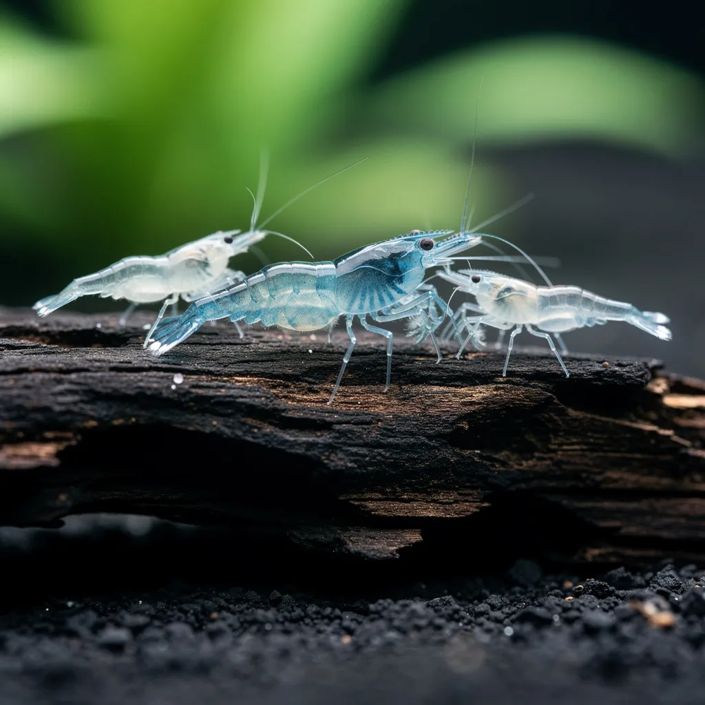 Blue Pearl Garnelen mit zartem Eisblau und Perlmuttschimmer auf dunklem Wurzelholz