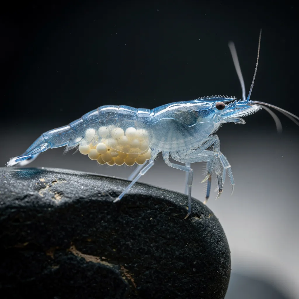 Blue Pearl Weibchen mit gelbbraunen Eiern — Kontrast zwischen eisblauem Körper und bräunlichen Eiern
