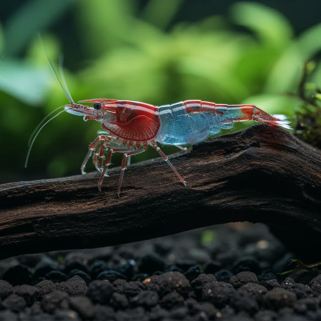 Blue Rili Garnele mit rotem Kopf, blau schimmernder Mitte und transparenten Beinen
