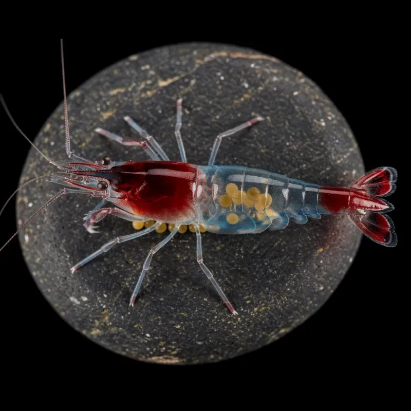 Blue Rili Weibchen von oben — rote Enden, blau schimmernde Mitte, Eier durchscheinend sichtbar