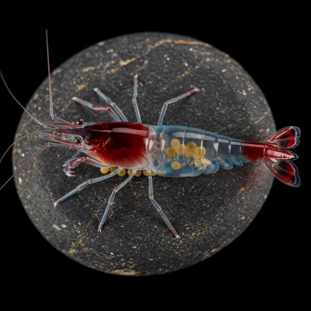 Blue Rili Weibchen von oben — rote Enden, blau schimmernde Mitte, Eier durchscheinend sichtbar