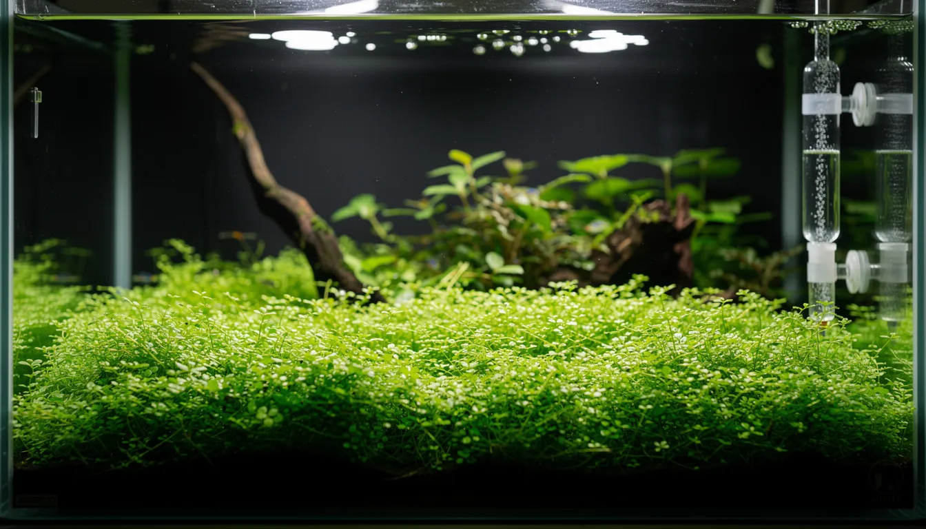 Dichter sattgrüner HC-Cuba-Bodendeckerteppich in einem High-Tech-Aquarium mit CO2