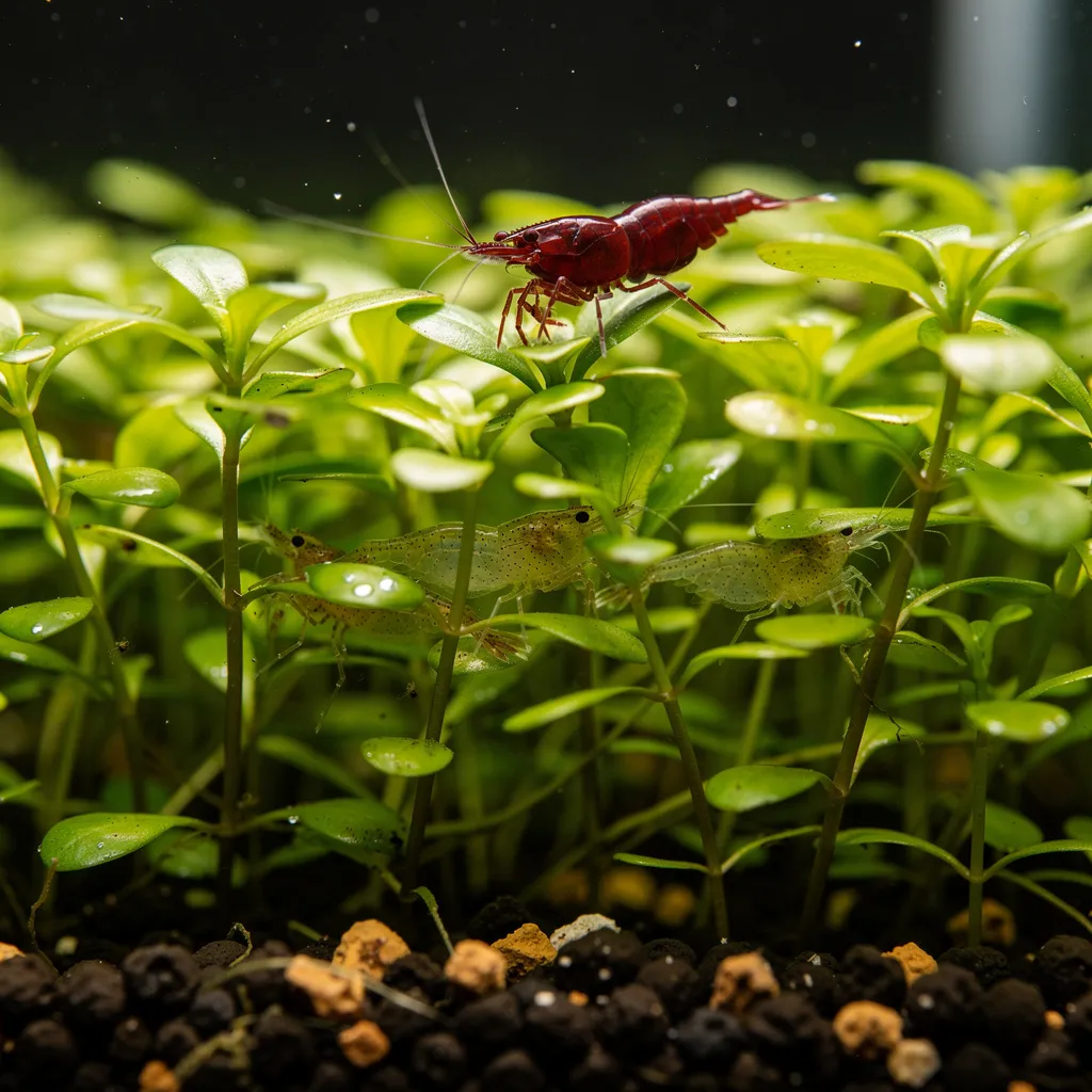 Baby-Garnelen versteckt zwischen Monte-Carlo-Blättern im Bodendecker wie in einem Miniaturwald
