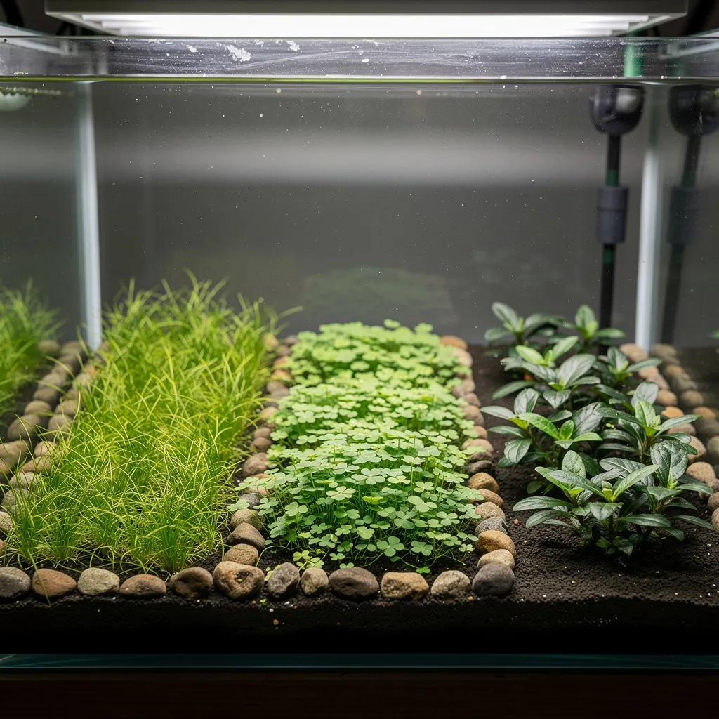 Drei Bodendecker ohne CO2 im Vergleich: Helanthium, Marsilea und Staurogyne nebeneinander