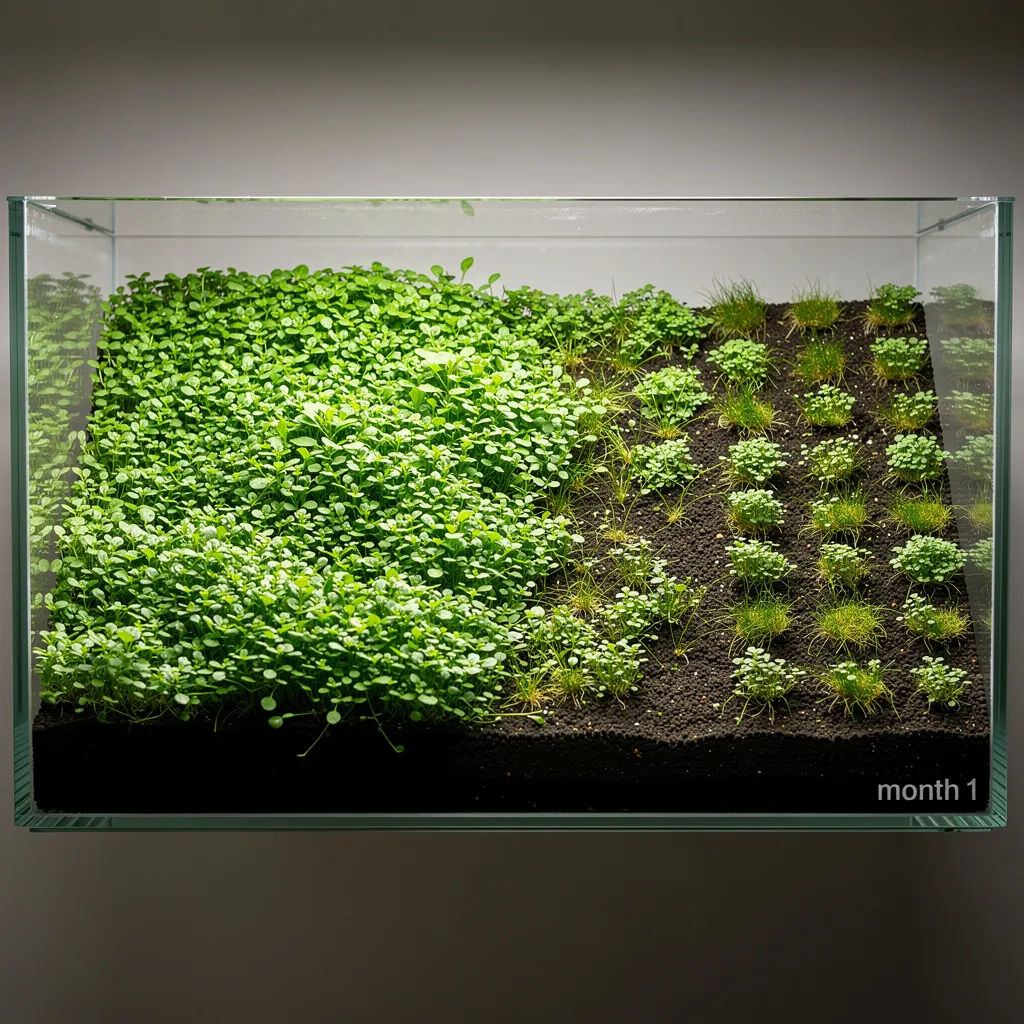 Wachstumsverlauf eines Monte-Carlo-Teppichs ohne CO2: Von spärlich bepflanzt bis dicht geschlossen