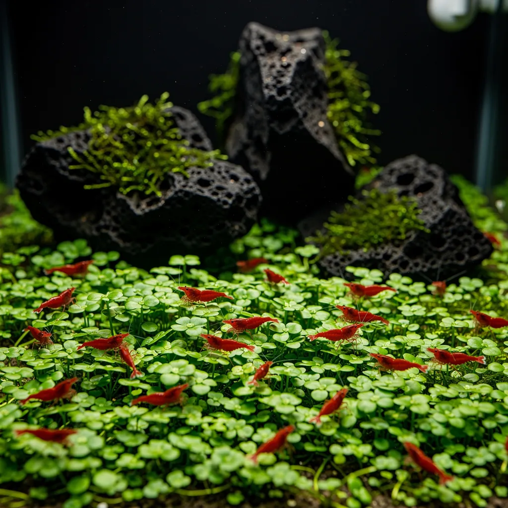 Leuchtend rote Cherry-Garnelen auf dichtem Marsilea-Rasen in einem Low-Tech-Becken ohne CO2