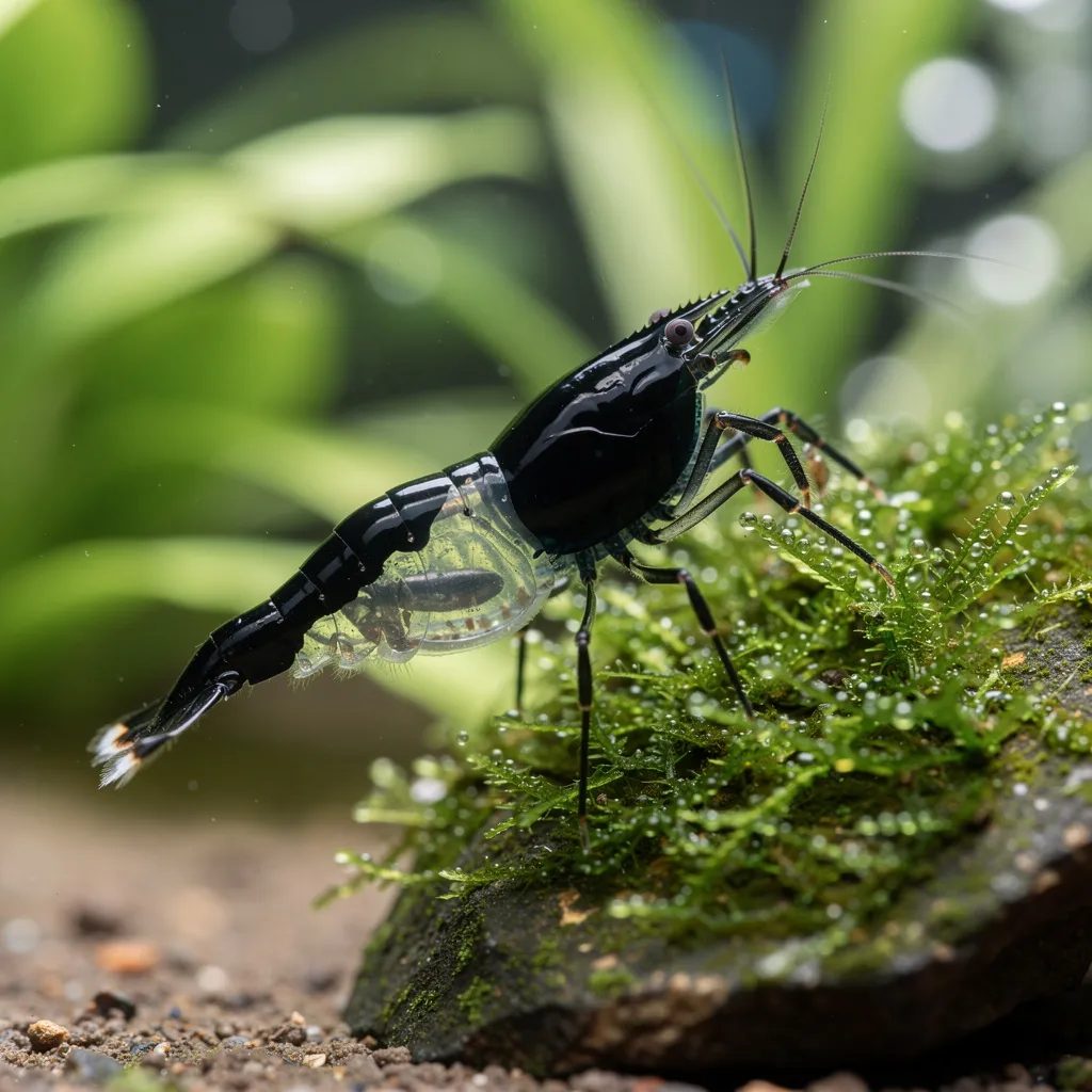Carbon Rili Garnele mit kohlschwarzem Kopf und Schwanz und glasklarer transparenter Mitte