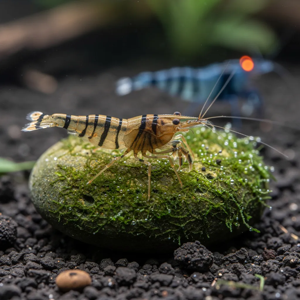 Tiger-Garnele mit markanten vertikalen Streifen auf moosbewachsenem Stein im Caridina-Becken