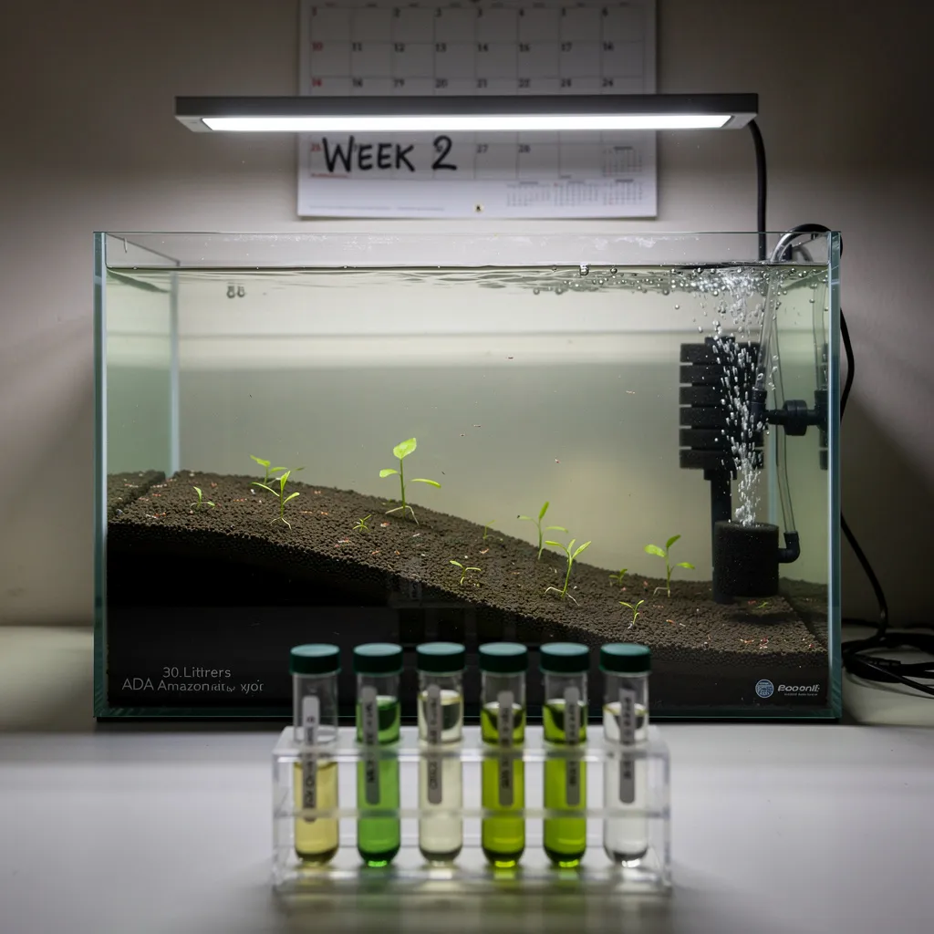 Caridina-Soil-Becken in der Einfahrphase: trübes Wasser und hohe Ammoniak-Werte in Woche 2