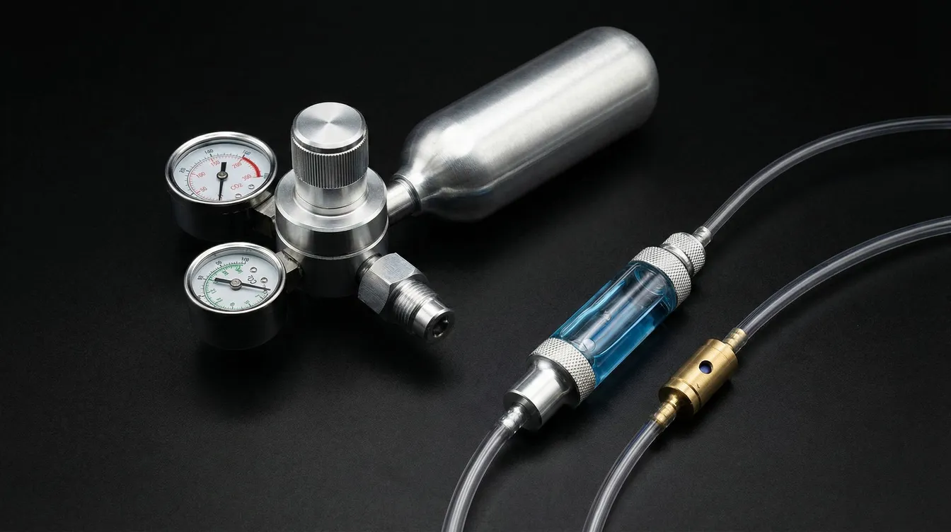 CO2-Druckanlage mit Druckminderer, Blasenzähler und Rückschlagventil