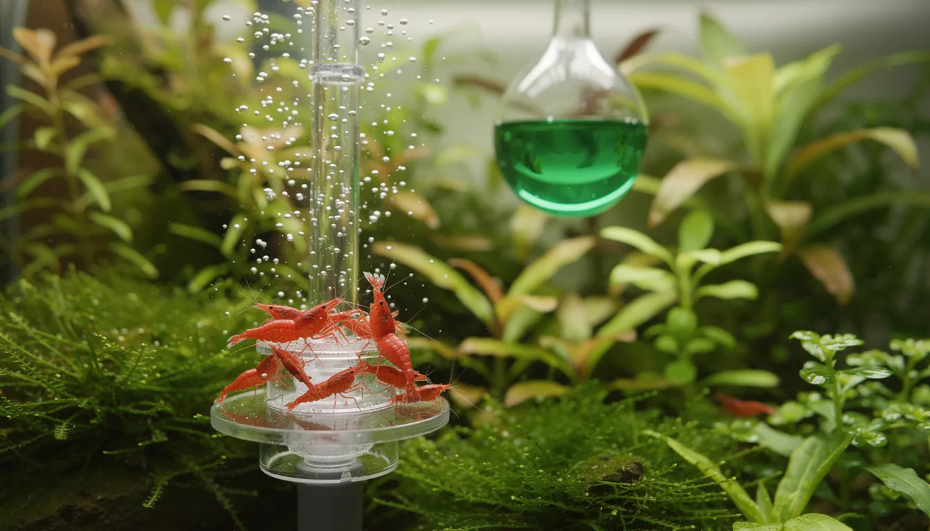 Garnelen neben CO2-Diffusor, Dropchecker im Hintergrund zeigt sicheres Grün