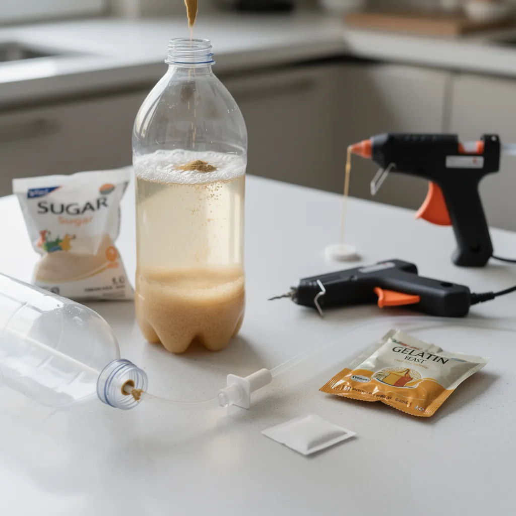 Bio-CO2-Anlage Schritt für Schritt selbst bauen: PET-Flasche mit Gelatine-Zucker-Mischung und Hefe