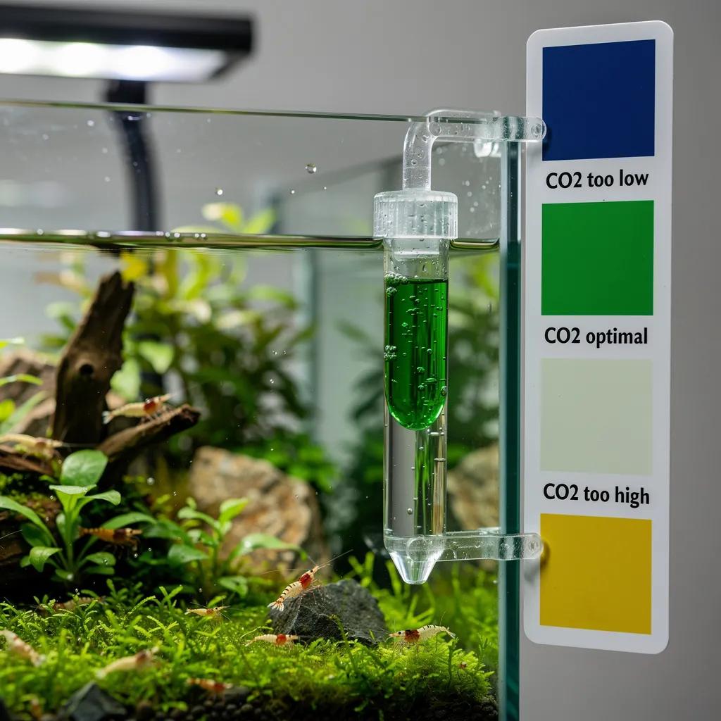 CO2-Dauertest zeigt Grün (optimal) im Garnelenaquarium neben Farbreferenzkarte