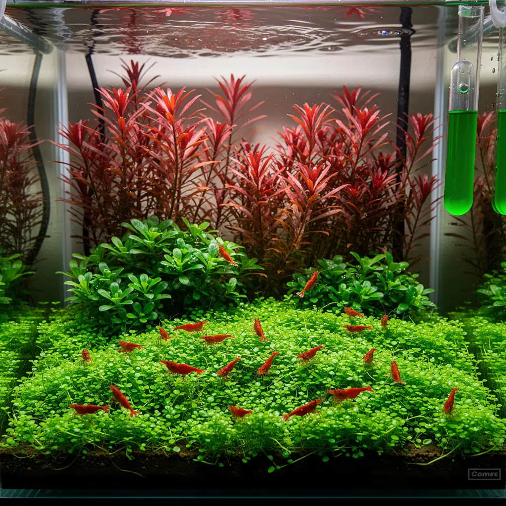 Ergebnis richtiger CO2-Versorgung: Dichter HC-Cuba-Teppich, rote Rotala und gesunde Garnelen