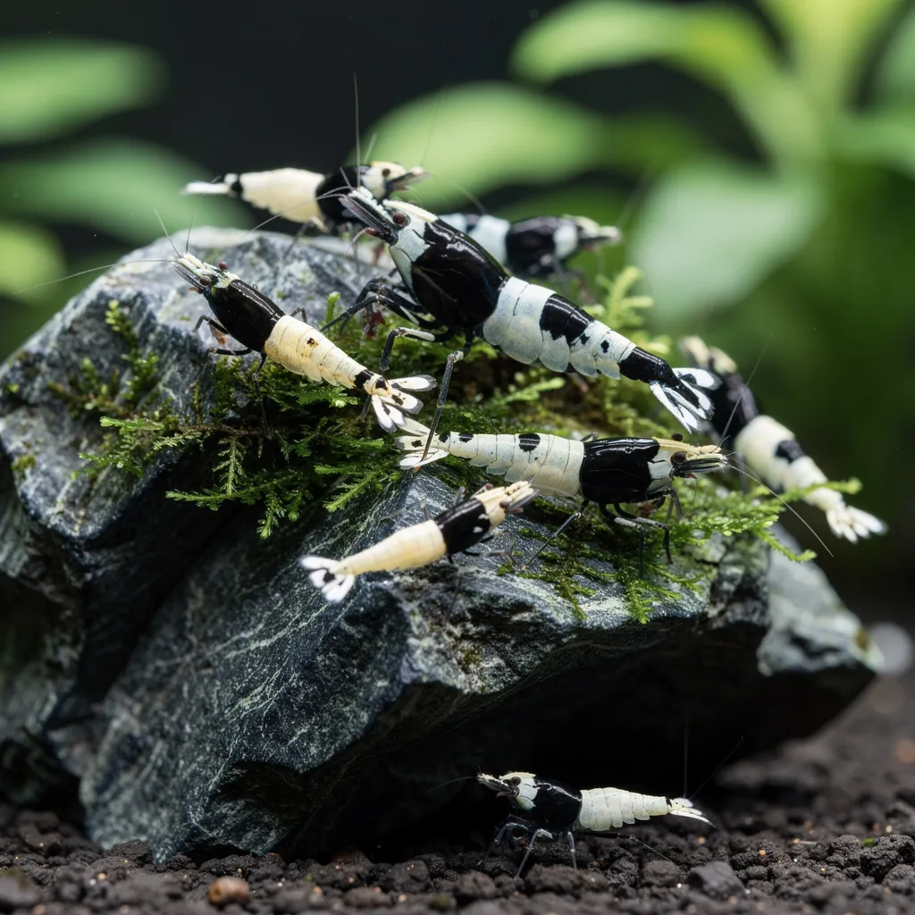 Gruppe Crystal Black Garnelen beim Klettern über Seiryu-Stein im bepflanzten Aquarium