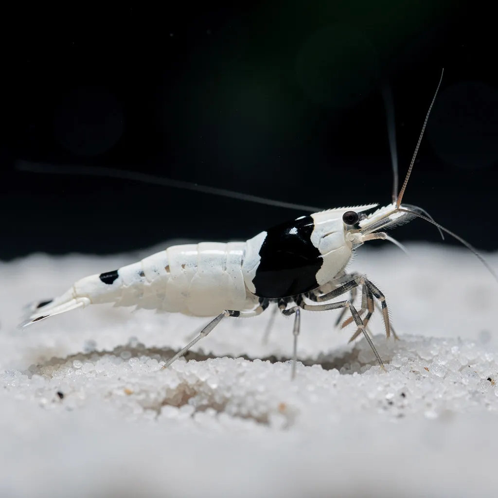 Crystal Black Garnele mit Mosura-Zeichnung auf hellem Bodengrund im Seitenprofil