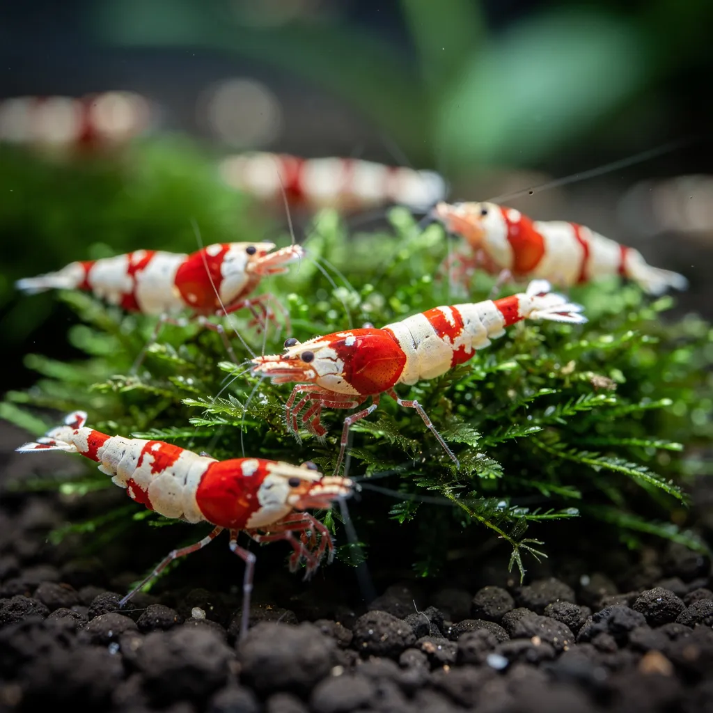 Crystal Red Garnelen verschiedener Grade beim Grasen auf Moos im Aquarium