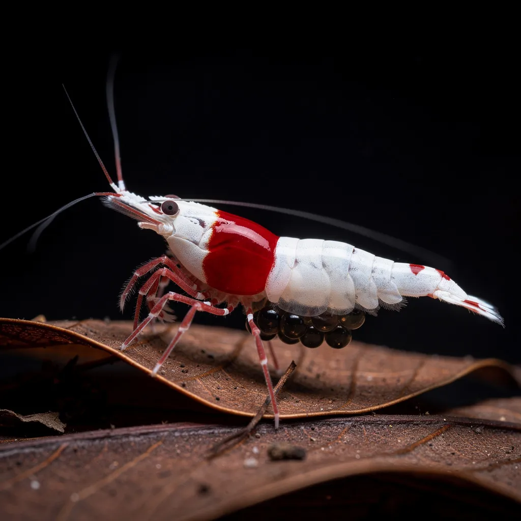 Crystal Red Weibchen mit Hinomaru-Muster und sichtbarem Eipaket unter dem Hinterleib