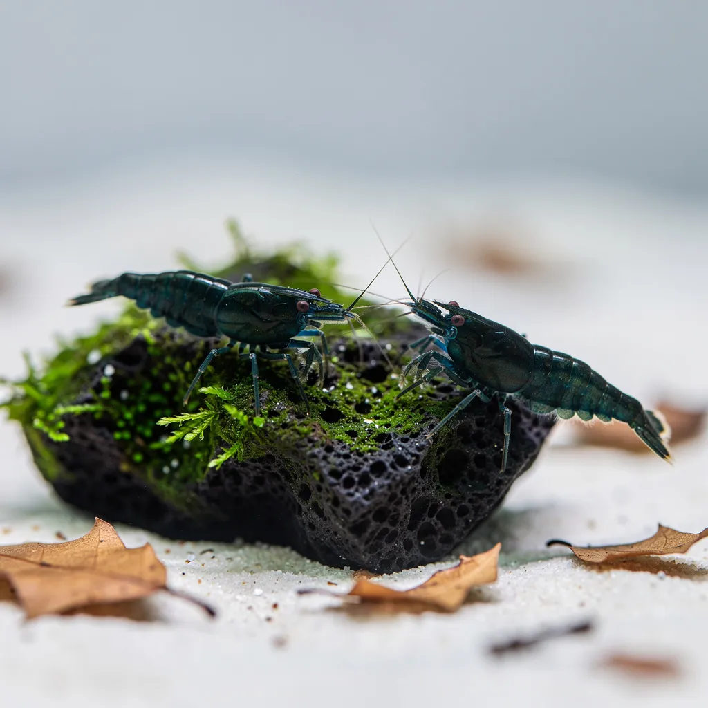 Dark Green Jade Garnelen auf Lavastein — extrem tiefes Petrolgrün mit Blauschimmer