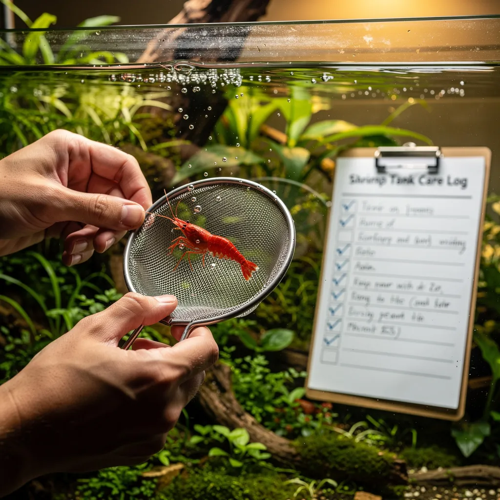 Aquarianer fängt verantwortungsvoll eine Garnele aus einem bepflanzten Aquarium mit Checkliste im Hintergrund