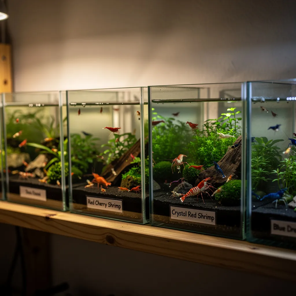 Reihe gepflegter Nano-Aquarien mit verschiedenen Garnelenarten und Beschriftung auf einem Holzregal