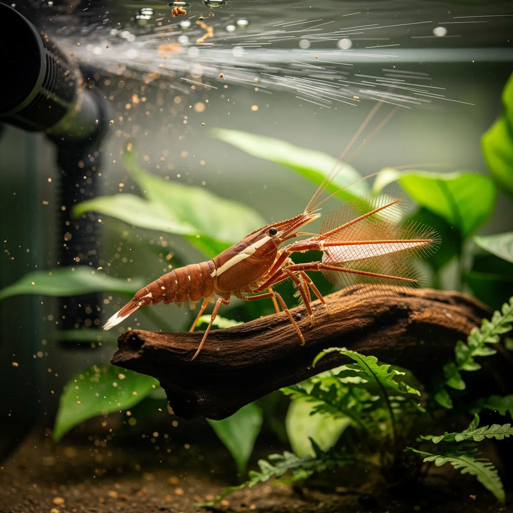 Fächergarnele beim Filtrieren auf einer Wurzel — alle vier Fächerchen aufgespannt in der Strömung