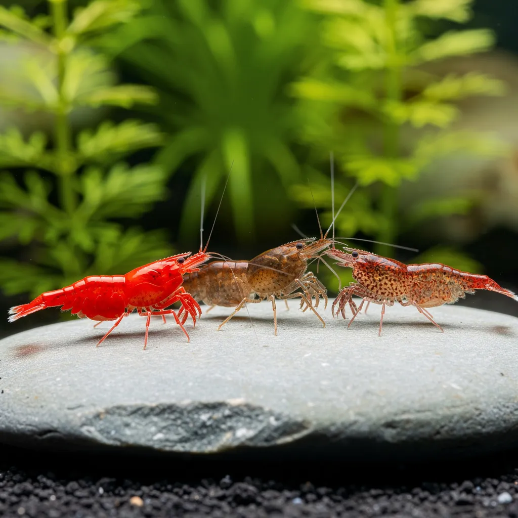 F2-Aufspaltung bei Neocaridina-Kreuzung zeigt rotes Tier, Wildtyp-Rückschlag und Mischform