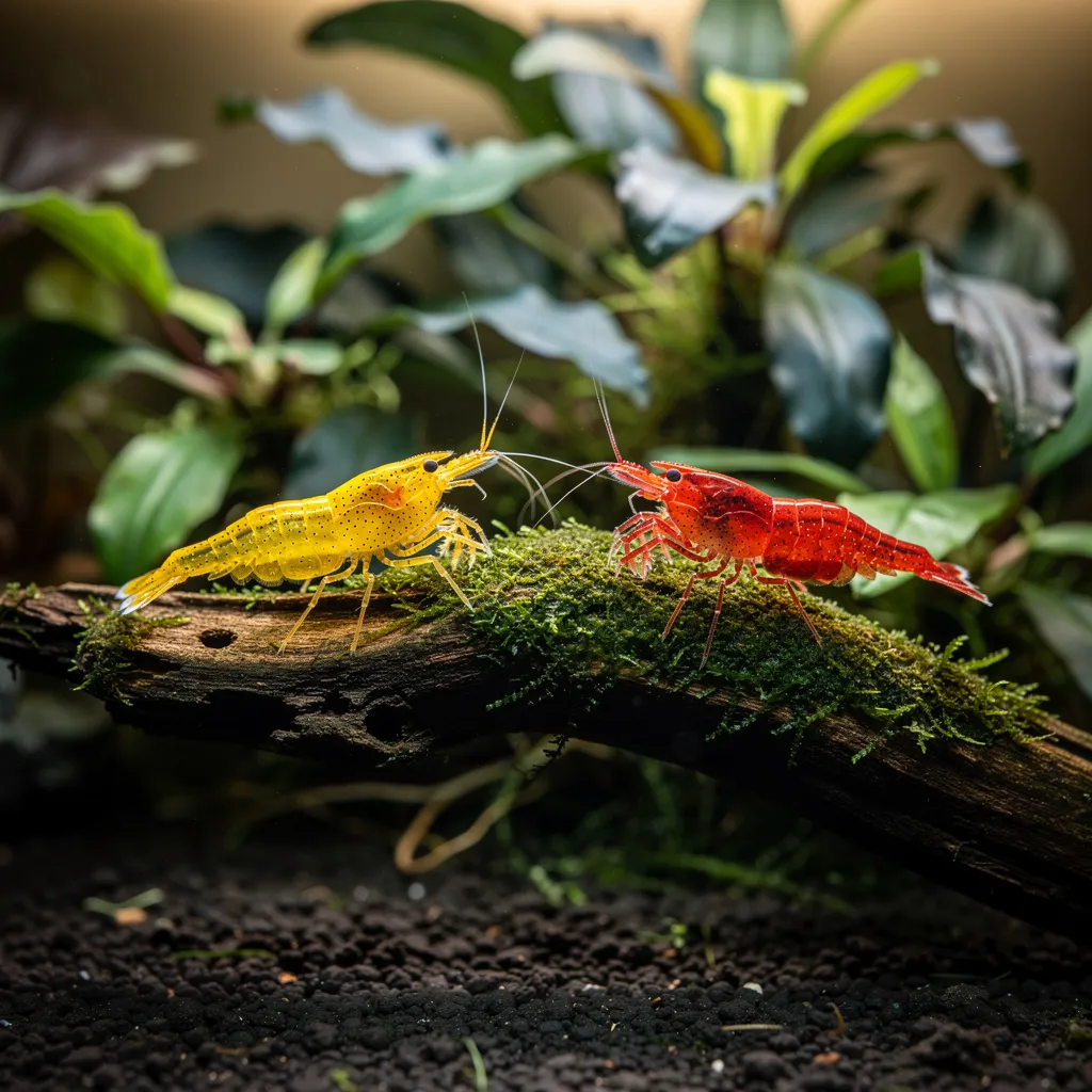 Yellow Fire und Red Cherry Neocaridina auf Wurzelholz zeigen eine problematische Kreuzung verschiedener Linien