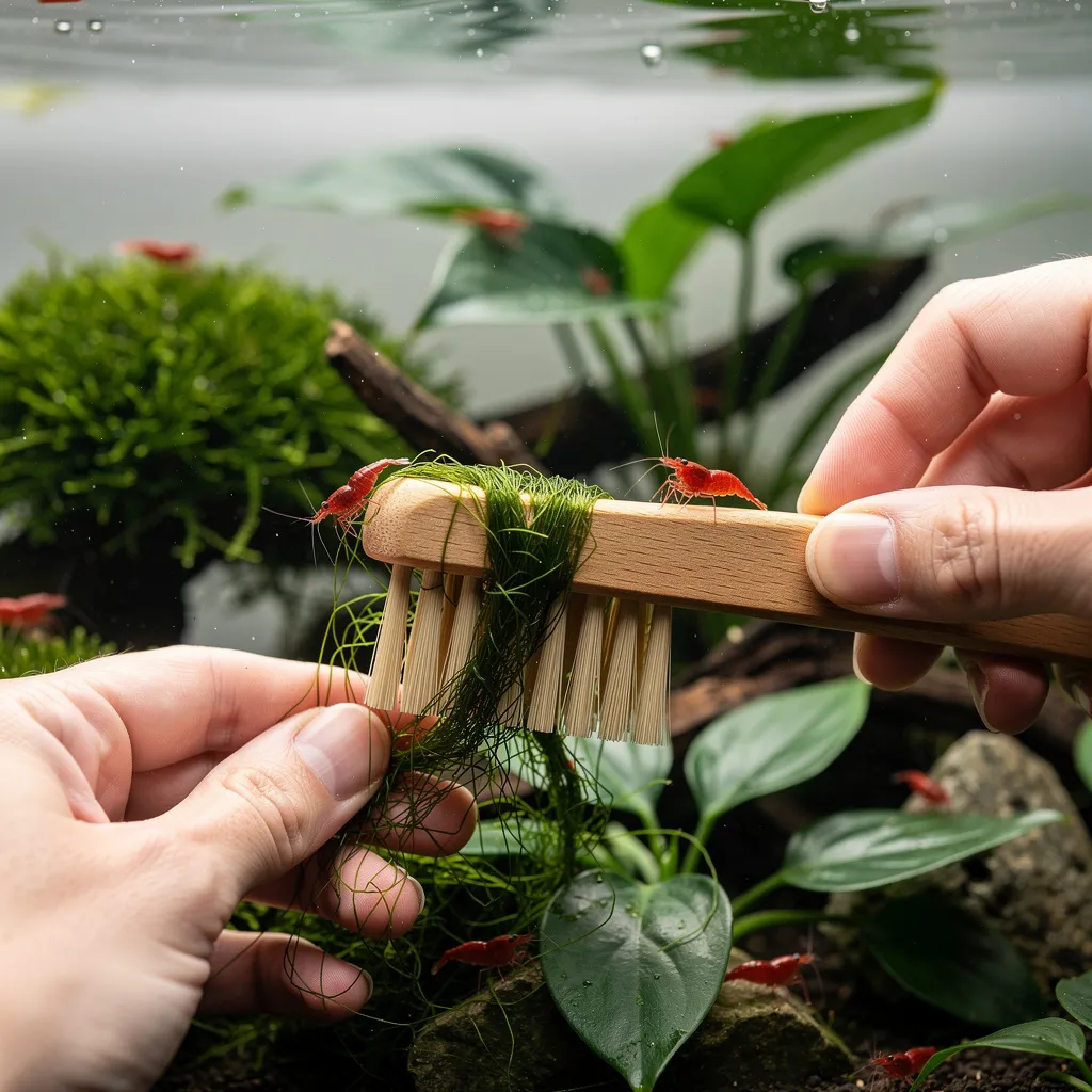 Fadenalgen werden mit einer Zahnbürste garnelensicher aus dem Becken entfernt