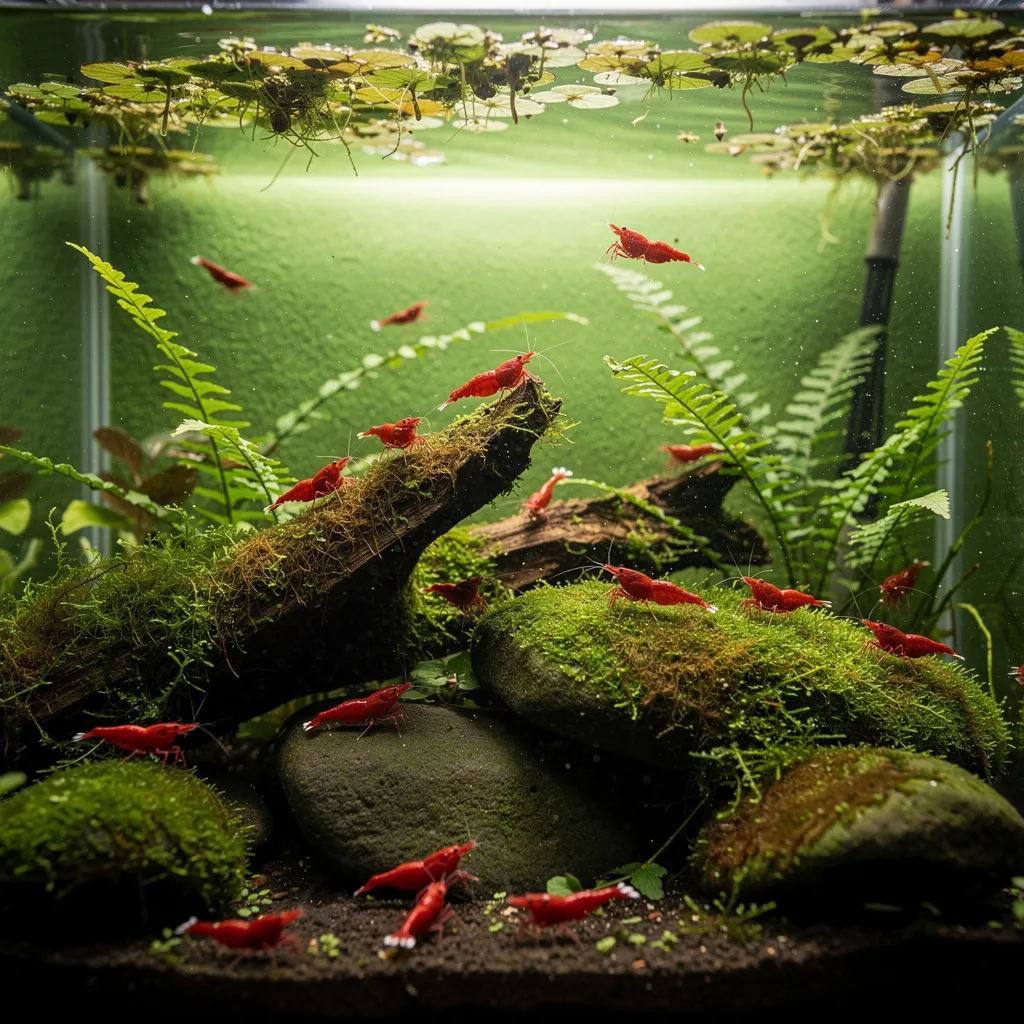 Perfekt ausbalanciertes Garnelenbecken mit gesundem Aufwuchs und klarer Frontscheibe