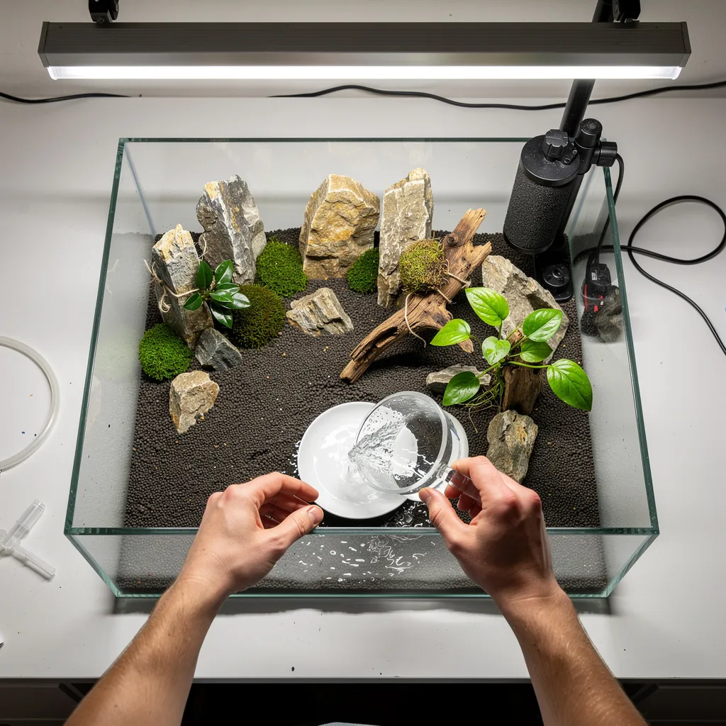 Wasser wird vorsichtig über eine Untertasse in ein frisch eingerichtetes Garnelenbecken gefüllt