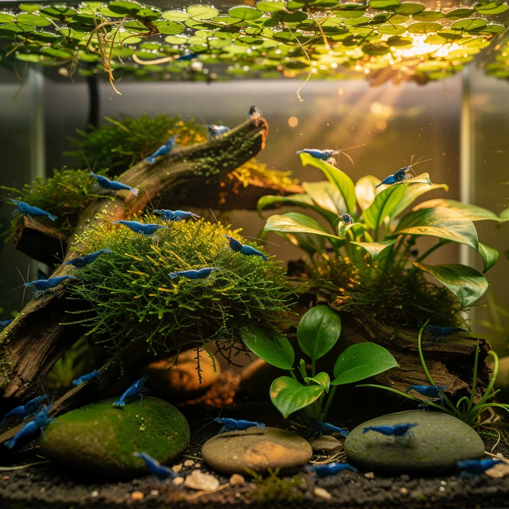 Eingefahrenes Garnelenbecken nach einem Monat mit gesunden Pflanzen und Blue Dream Garnelen